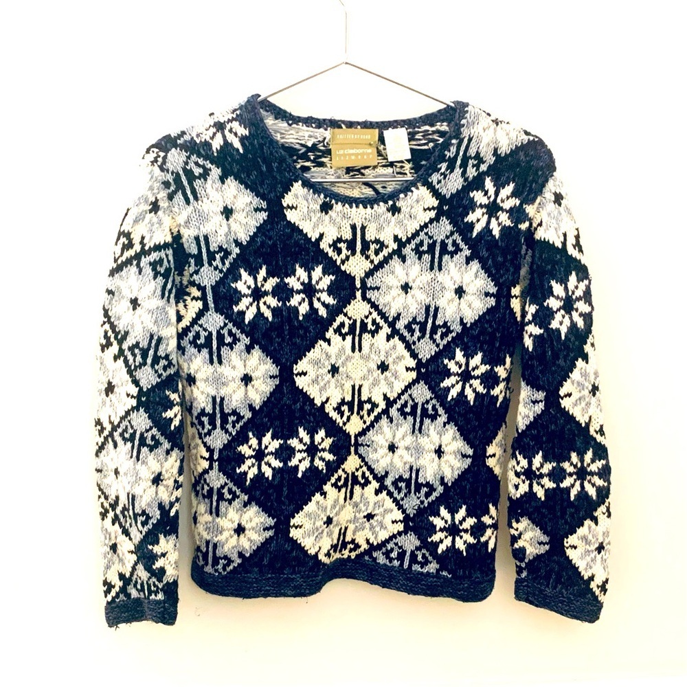 Liz Claiborne Lizwear Hand Knit Snowflake Knit Sweater, Navy And White